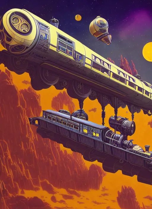 Prompt: a steampunk train in hyperspace by paolo eleuteri serpieri and tomer hanuka and chesley bonestell and daniel merriam and tomokazu matsuyama, unreal engine, high resolution render, featured on artstation, octane, 8 k, highly intricate details, vivid colors