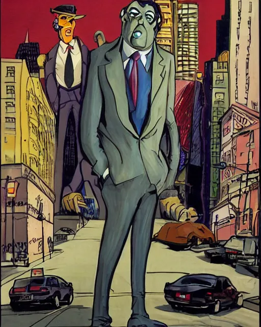 Image similar to sinister smug male antagonist in suit, uptown'wall street'city street, artwork by ralph bakshi