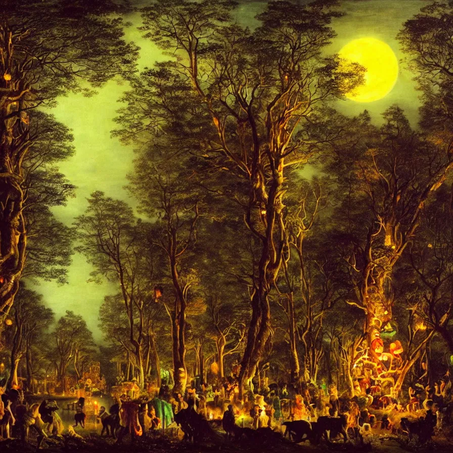 Prompt: a night carnival around a magical tree cavity, with a surreal orange moonlight and fireworks in the background, next to a lake with iridiscent water, christmas lights, folklore animals and people disguised as fantastic creatures in a magical forest by summer night, masterpiece painted by joseph wright, dark night environment