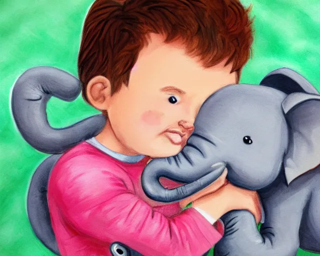 Image similar to a beautiful detailed cartoon portrait of a little boy hugging his elephant pillow, sharp high quality