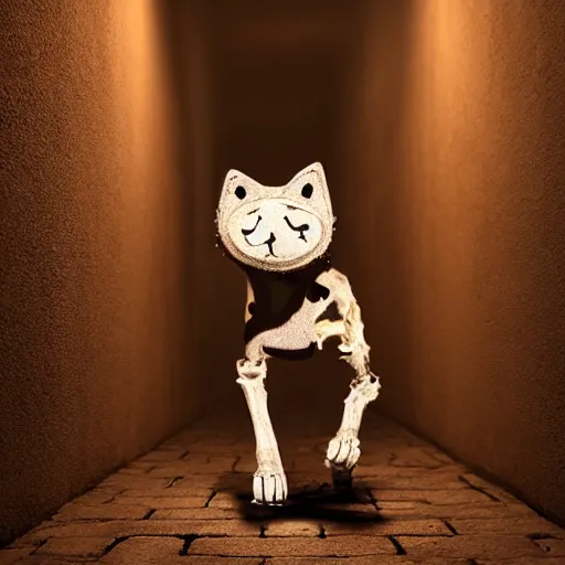 Prompt: cat made only out of bones, walking in an alley with a single lamp in it at night, 8 k, digital, calm, expressive, ray tracing, 4 k, highly detailed,