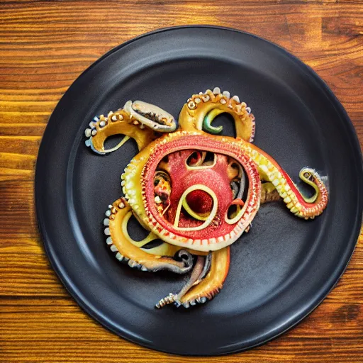 Image similar to octopus made of steel eating fastfood, 5 5 mm