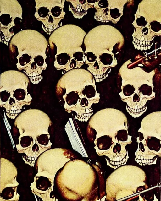 Image similar to oil geometric painting of skull skeletons singing in the choir by norman rockwell