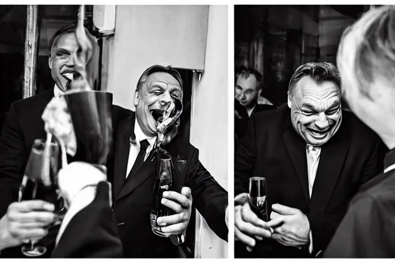 Image similar to viktor orban drinking champagne smoking cigar laughing hard by peter lindbergh