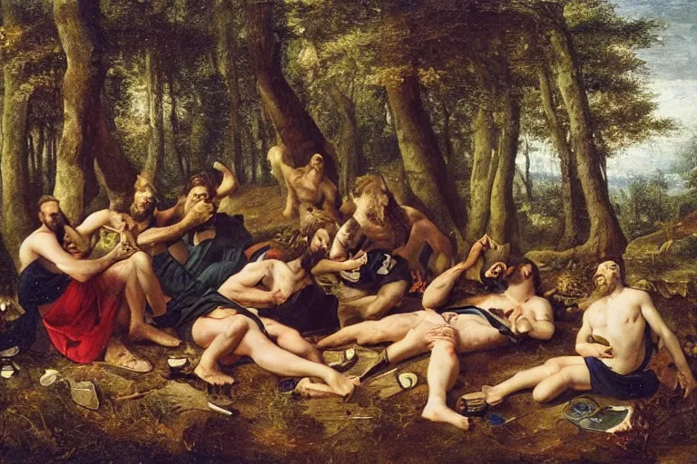 Image similar to mid - thirties guys binge drinking in a forest, in the style of skovgaard