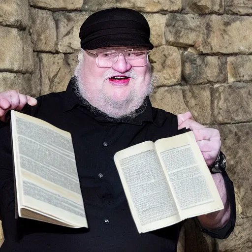 Image similar to george rr martin screaming and never finishing winds of winter