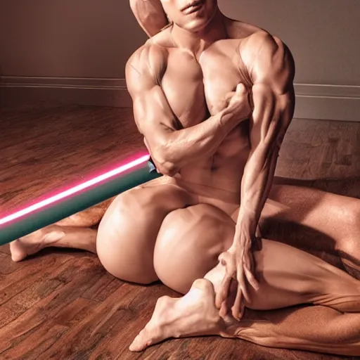 Prompt: muscular master yoda, thirst trap lightsaber, boudoir style photography, hyper realistic, glistening abs,