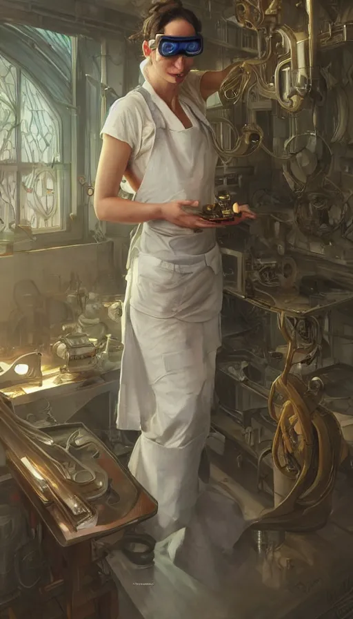 Image similar to crazy inventor, sweaty, white dity apron, goggles, insane, intricate, highly detailed, digital painting, artstation, concept art, smooth, sharp focus, illustration, Unreal Engine 5, 8K, art by artgerm and greg rutkowski and alphonse mucha