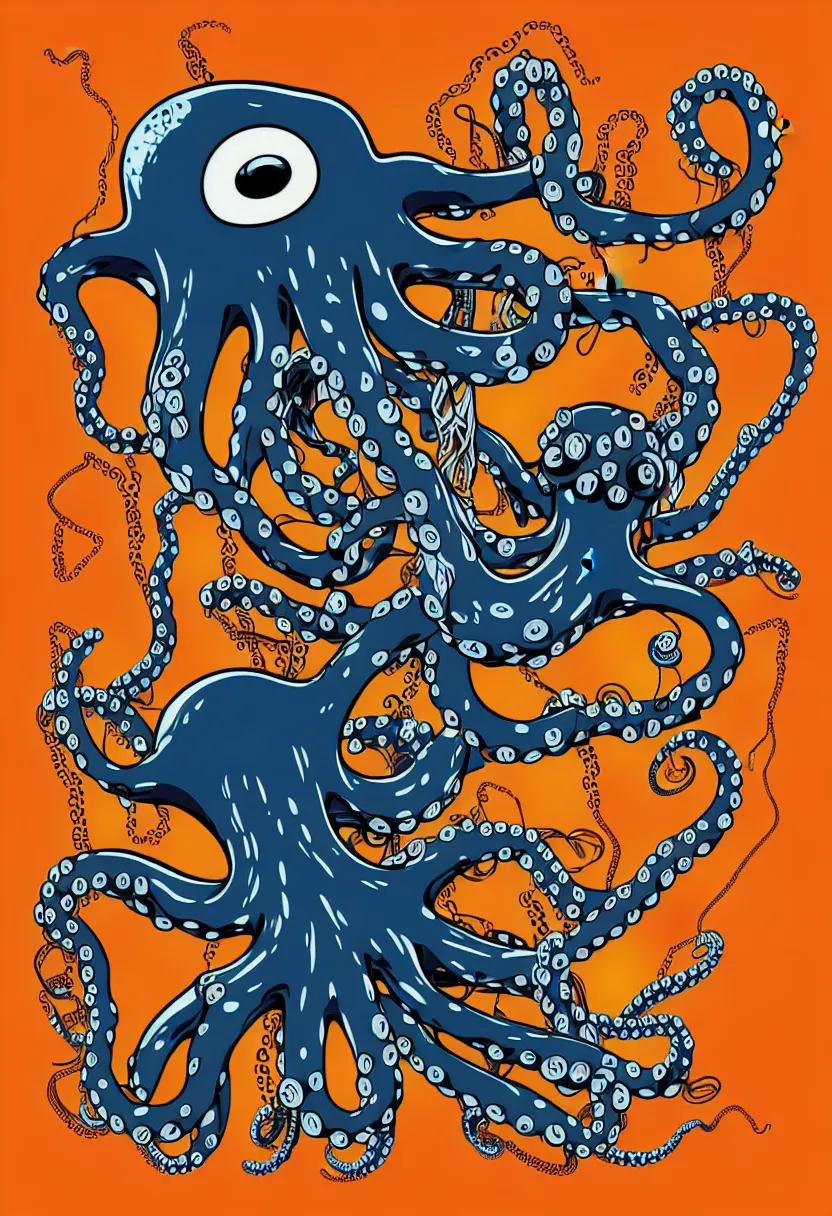 Prompt: concert poster for band named 'Grandpa Finger', robotic octopus, vector art, sticker design, 8k, highly detailed