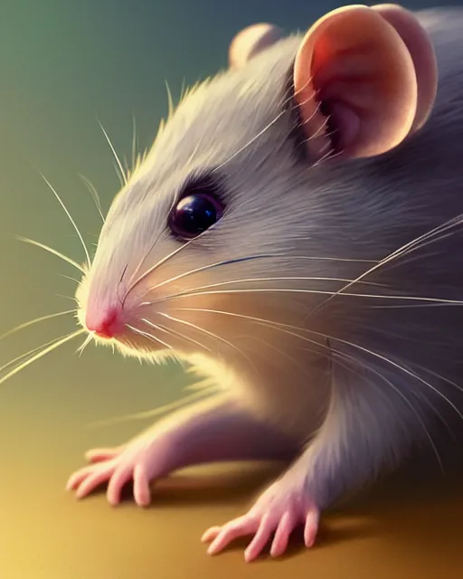 Image similar to highly detailed vfx portrait of a cute little rat with a bow, unreal engine, greg rutkowski, loish, rhads, beeple, makoto shinkai and lois van baarle, ilya kuvshinov, rossdraws, tom bagshaw, alphonse mucha, global illumination, detailed and intricate environment