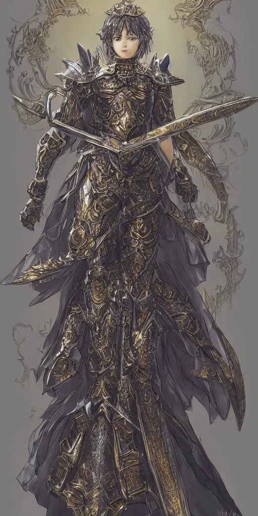 Prompt: an Asian girl wearing glass and gold armour dress, carrying void sword, full body concept art, intricate details, epic light, by Kentaro Miura and Masanori Warugai