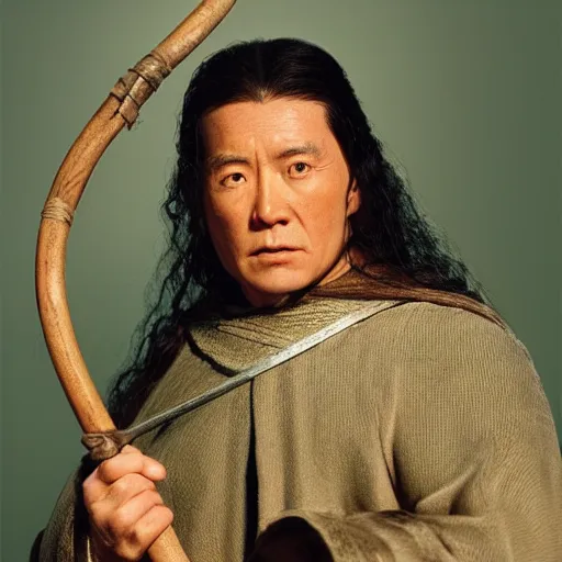 Prompt: a still from “ lord of the rings ” of a head and shoulders portrait of fei lung as a wizard with a wooden staff, betty, photo by phil noto