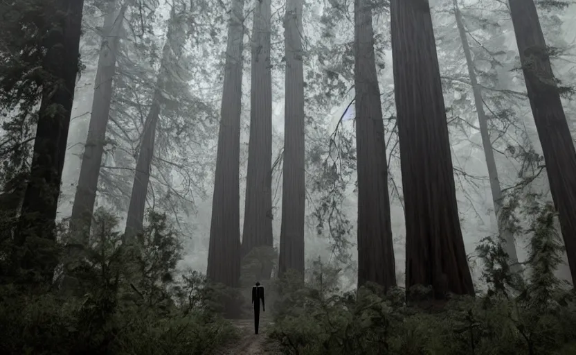 Prompt: 12 ft tall, faceless Slenderman wearing suit standing in the forest, redwood sequoia trees, ominous foggy environment, best of artstation