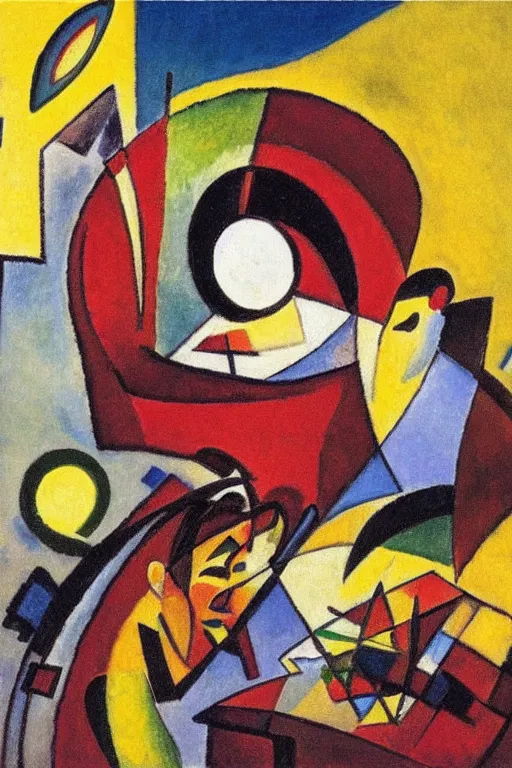 Image similar to It's morning. Sunlight is pouring through the window bathing the face of a man enjoying a hot cup of coffee. A new day has dawned bringing with it new hopes and aspirations. Painting by Kandinsky, 1939