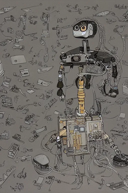 Prompt: a boy fixing his robot, part by Mattias Adolfsson, high angle, oil on canvas