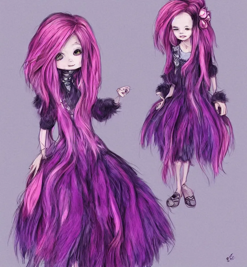 Image similar to little girl with eccentric pink hair wearing a dress made of purple fur, anatomically perfect, art by dcwj,