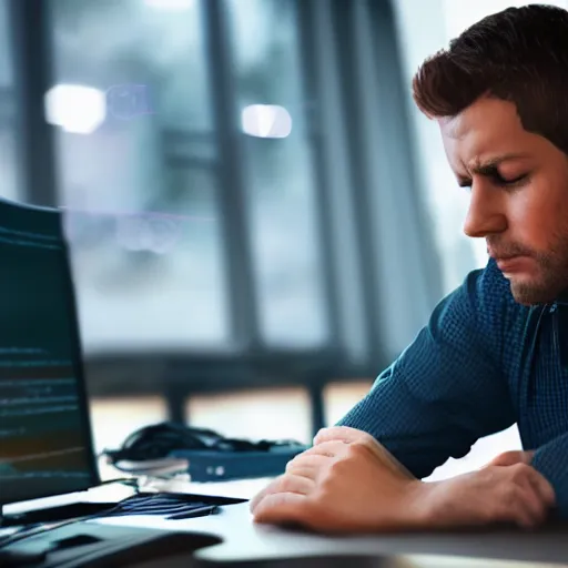Image similar to detailed photorealistic with bokeh, and cinematic lighting of detailed man sitting while crying because stuck in front of his computer because programming.