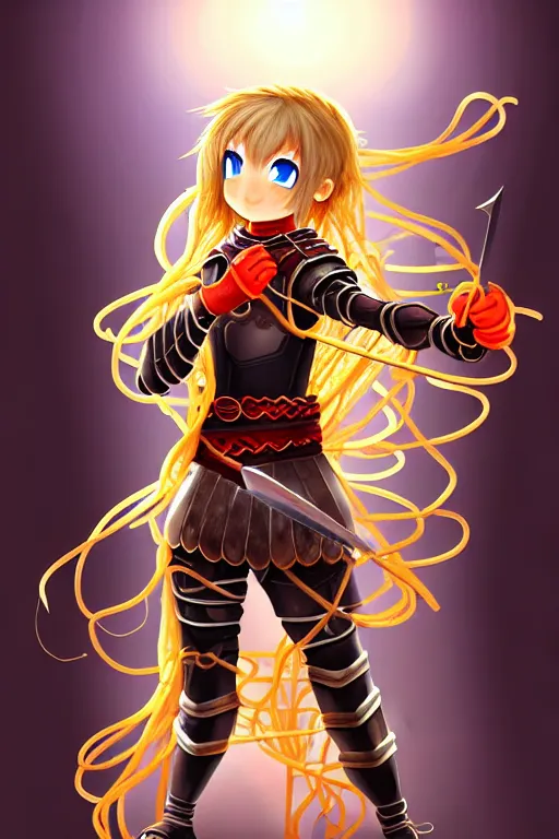 Image similar to A cute spaghetti-girl thief protagonist with leather-strap-armor and ninja weapons is exploring the tenth reality. A highly detailed fantasy character.