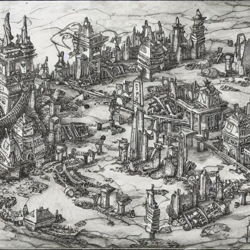Image similar to anthromorphic humanoid ants building a city. epic game landscape shot. Beautifully detailed pen and ink drawing on parchment, D&D art by Michelangelo