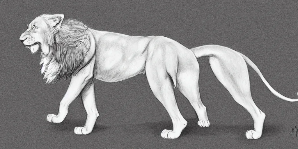 Image similar to full body shot of a large canine with the tail and ears of a lion, pencil drawing, illustration, black and white, artstation