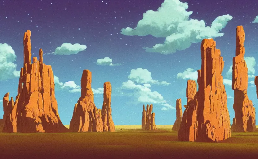 Image similar to a realistic cell - shaded studio ghibli concept art from paprika ( 2 0 0 6 ) of a cubic multi - colored rocketship from close encounters of the third kind ( 1 9 7 7 ) in a flooded monument valley stonehenge jungle jungle on a misty starry night. a camel caravan is in the foreground. very dull colors, portal, hd, 4 k, hq