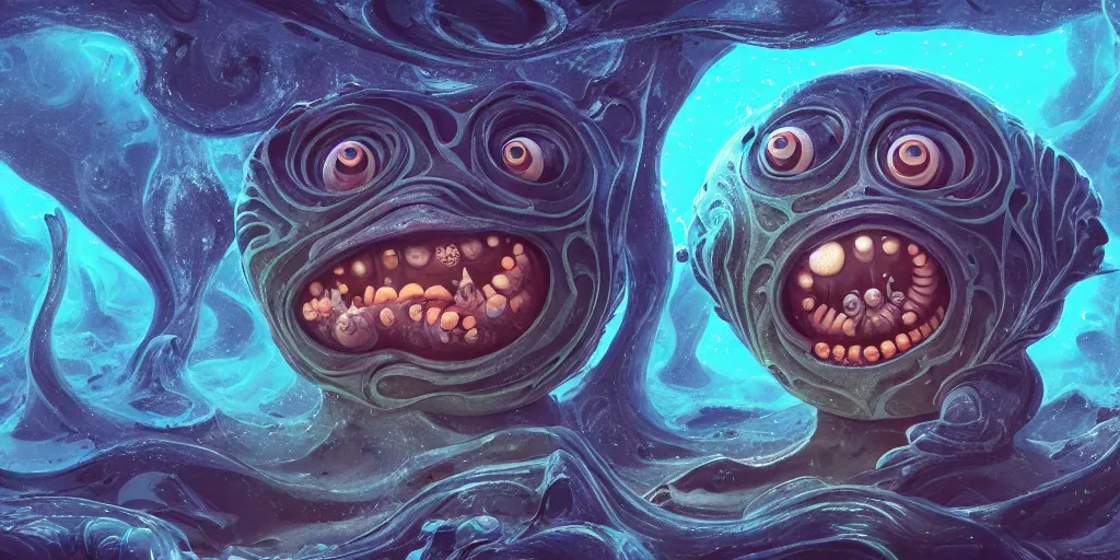 Image similar to of an intricate deep sea with strange cute friendly happy creatures with huge eyes, mouth, long tongue, round teeth and goofy face, appearing from the background, in the style of gehry and gaudi, macro lens, shallow depth of field, ultra detailed, digital painting, trending artstation, concept art, illustration, cinematic lighting, photorealism, epic, octane render