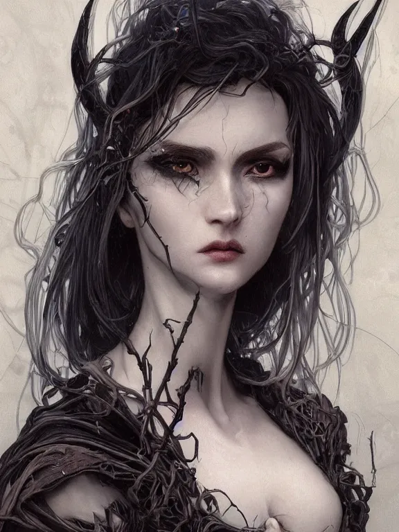 Image similar to close up picture of a witch with exoskeleton wanna play with you, cynical, bored, beautiful and aesthetic, intricate, unreal engine, messy hair, highly detailed, detailed face, smooth, sharp focus, chiaroscuro, manga illustration, artgerm, greg rutkowski, alphonse mucha, young adult light novel cover art