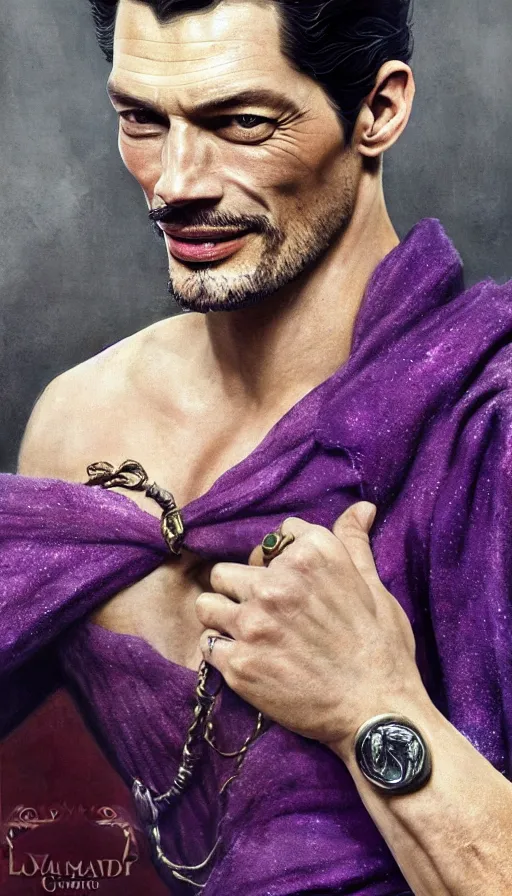 Image similar to david gandy, charming, rich viscount, laughing, fit, cunning, robe, gold and purple, warhammer, lord of the rings, sweaty, intricate, highly detailed, digital painting, artstation, concept art, smooth, sharp focus, illustration, unreal engine 5, 8 k, art by artgerm and greg rutkowski and alphonse mucha