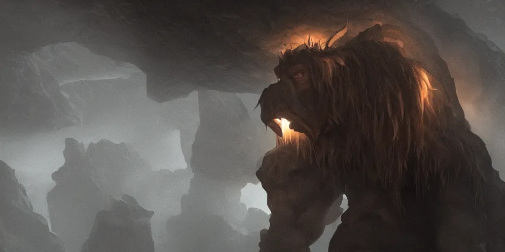 Image similar to a giant cave troll, 8 k, moody lighting, shallow depth of field,