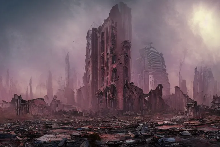 Image similar to Stunning photorealistic background of a city in ruin in a strange purple dimension with a large red sun looming in the distance on a rainy and foggy day, A large tower stands in the center of the crumbling buildings, parallax background