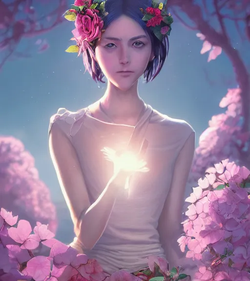 Image similar to highly detailed macro shot of a human portrait of a rose, unreal engine, loish, rhads, makoto shinkai and tom bagshaw, reflective global illumination, god rays, detailed and intricate environment