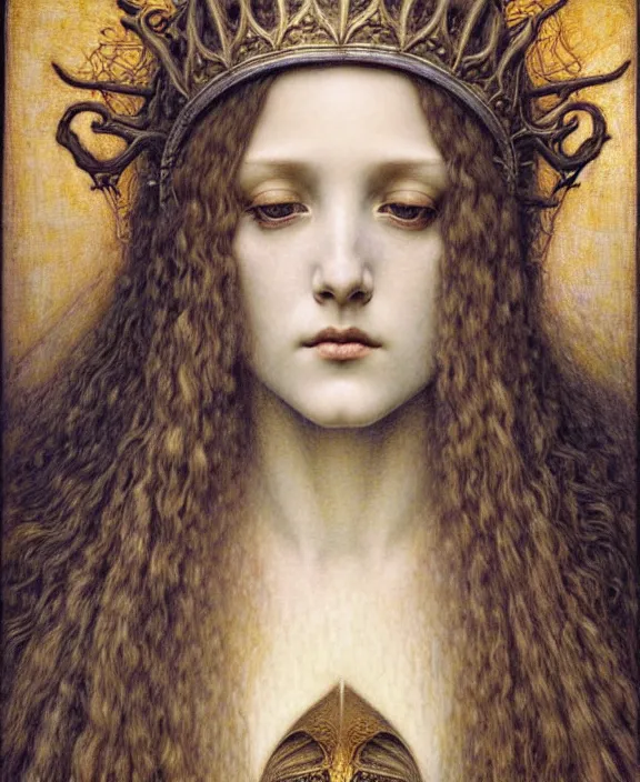 Image similar to detailed realistic beautiful young medieval queen face portrait by jean delville, gustave dore and marco mazzoni, art nouveau, symbolist, visionary, gothic, pre - raphaelite. horizontal symmetry