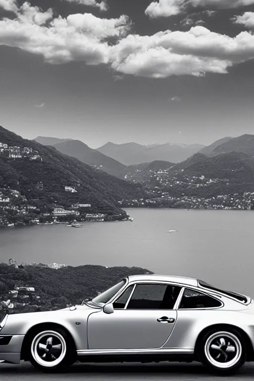 Image similar to Photo of a silver Porsche 911 Carrera 3.2, Lake Como in the background, daylight, dramatic lighting, award winning, highly detailed, 1980s Versace ad, fine art print, best selling.