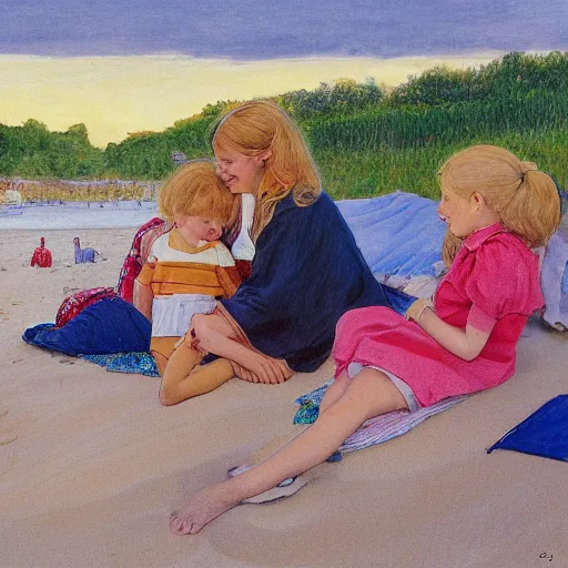 Image similar to a nine year old blonde girl and her two parents sit on a blanket at the beach and watch through sun go down in the style of Carl larsson