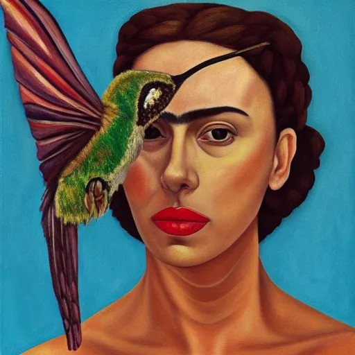 Image similar to painting Self-Portrait of scarlett johansson with Thorn Necklace and Hummingbird, by Frida Kahlo