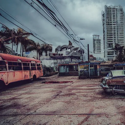 Image similar to low wide angle shot of dilapidated fallout 5 miami, tropical coastal city, desolate, dilapidated neon signs, few rusted retro futuristic vintage parked vehicles like cars, buses, trucks, trams, volumetric lighting, photorealistic, fog, daytime, autumn, overcast weather, sharp focus, ultra detailed, 4 0 0 0 k