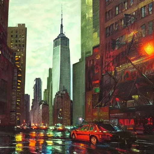 Prompt: a painting of new york city, september 1 1, 2 0 0 1's, ultra - realistic, color, concept art, intricate details, night, thunder, raining, eerie, highly detailed,, dark fantasy, photorealistic, octane render, 8 k, unreal engine 5. art by artgerm and greg rutkowski