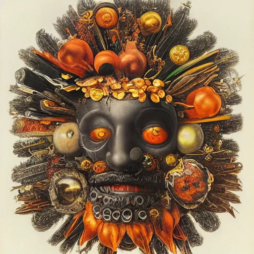 Image similar to album cover, religious reliquary, black, white, orange, psychedelic, giuseppe arcimboldo