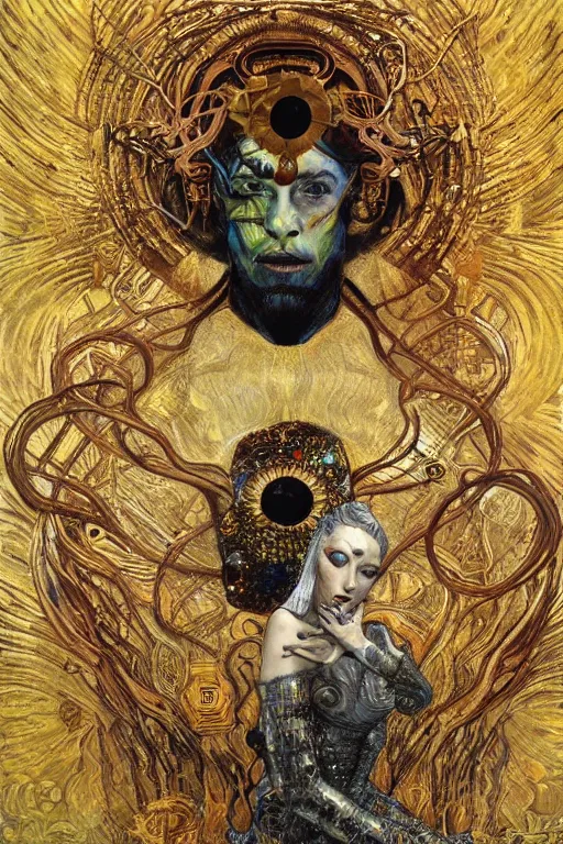 Image similar to Intermittent Chance of Chaos Muse by Karol Bak, Jean Deville, Gustav Klimt, and Vincent Van Gogh, Surreality, enigma, Loki's Pet Project, destiny, Poe's Angel, fate, inspiration, muse, otherworldly, fractal structures, arcane, ornate gilded medieval icon, third eye, spirals