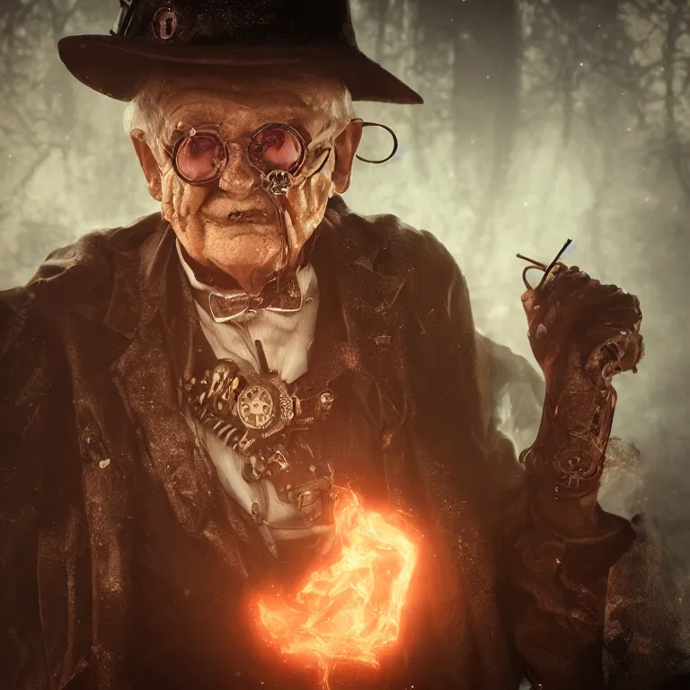 Image similar to a portrait of a steampunk elderly man as a demon on hell, dark, foggy, eerie, splash, sparkle, smoke, particles, octane render, unreal engine, artstation, digital art.