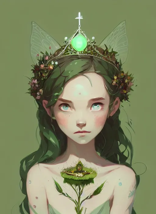 Image similar to portrait of cute fairy girl with crown of flowers covered with rune tattoos, fantasy, by atey ghailan, by greg rutkowski, by greg tocchini, by james gilleard, by joe gb fenton, by kaethe butcher, dynamic lighting, gradient light green, brown, blonde cream and white color in scheme, grunge aesthetic