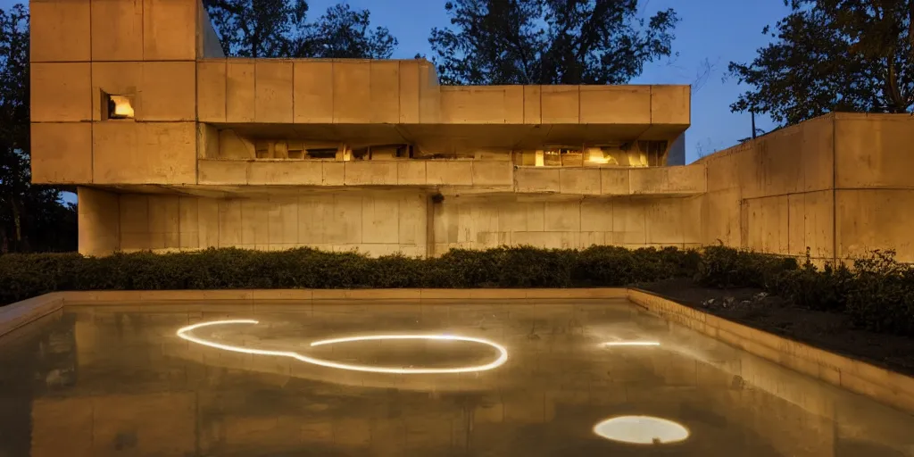 Image similar to wide angle photo of brutalist building made from reflective nickel chrome with copper and gold. late evening with reflective pool and glowing lights. highly reflective and shiny. frank loyde wright