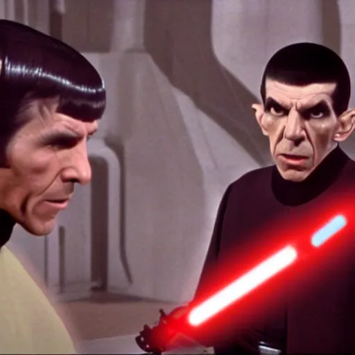 Image similar to photoelectric movie scene with mister spock in star wars duelling darth vader, high quality, 8 k