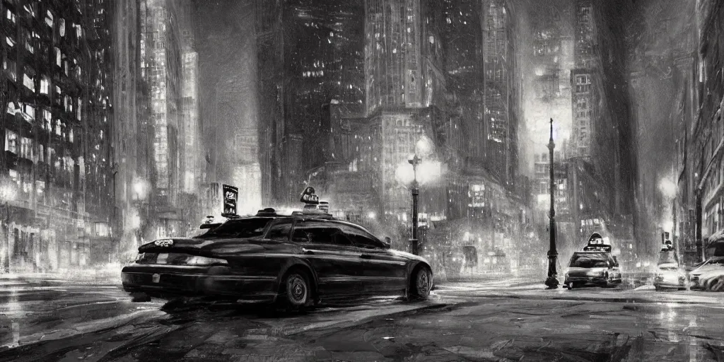 Image similar to taxi through the streets of chicago, night time, dramatic lighting, german expresionism, noir film, character sheet, fine details, concept design, high contrast, anthrophomorfic animals, kim jung gi, greg rutkowski, trending on artstation, 8 k, full body, turnaround, front view, back view, ultra wide angle