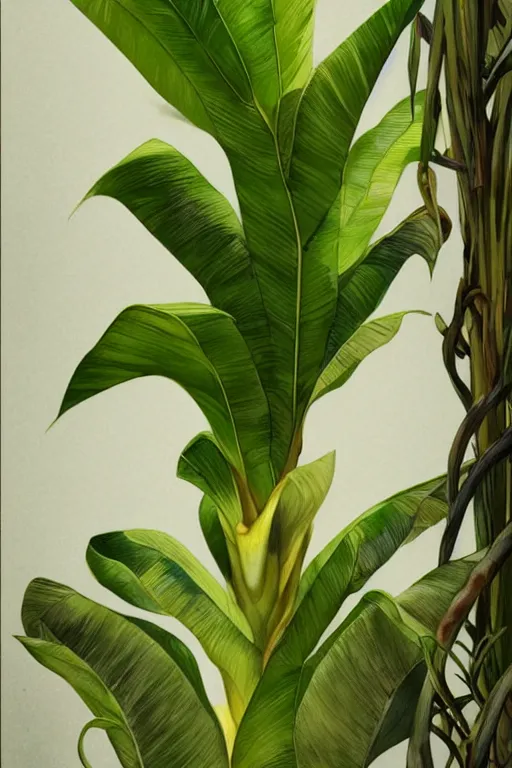 Image similar to ultra realistic illustration, banana plant drawing isolated and closeup, background is white and blank, elegant, highly detailed, digital painting, concept art, smooth, sharp focus, illustration, art by greg rutkowski and alphonse mucha