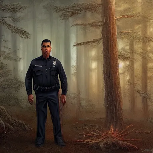 Image similar to kim kardashian as a cop, police uniform, portrait, scared emotion, haunted forest with ufo sitting in the distant fog, pretty, aesthetic, dust molecules, matte detailed photo, DeviantArt, Artstation, by donato giancola, ralph horley, loish, ufo lighting