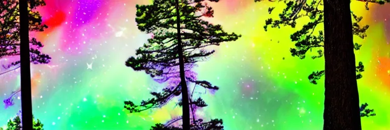 Image similar to beautiful trees, multicolor stars and galaxies, psychedelic, trending on artstation, hd photography