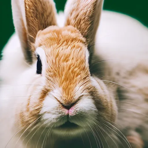 Image similar to Rabbit laying down in a cage, eating lettuce, half black half white, very furry, pink nose, at home, close up, National Geography , photorealistic, ultra-detailed, 4k high resolution, HDR shot