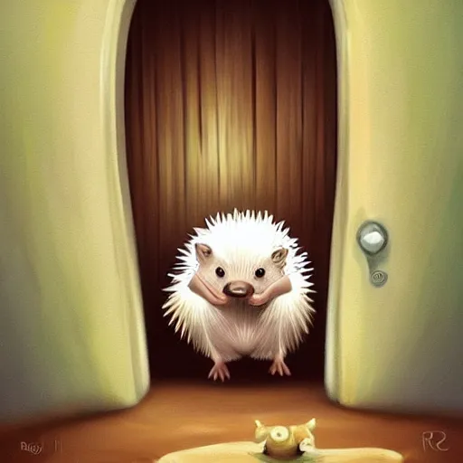 Image similar to cute adorable hedgehog opening the door, shy hedgehog, blushing, waving, smiling, cute, hedgehog, by cyril rolando