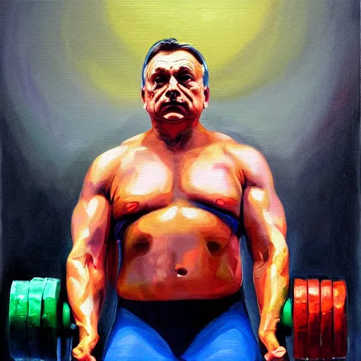 Image similar to viktor orban weightlifting, oil painting